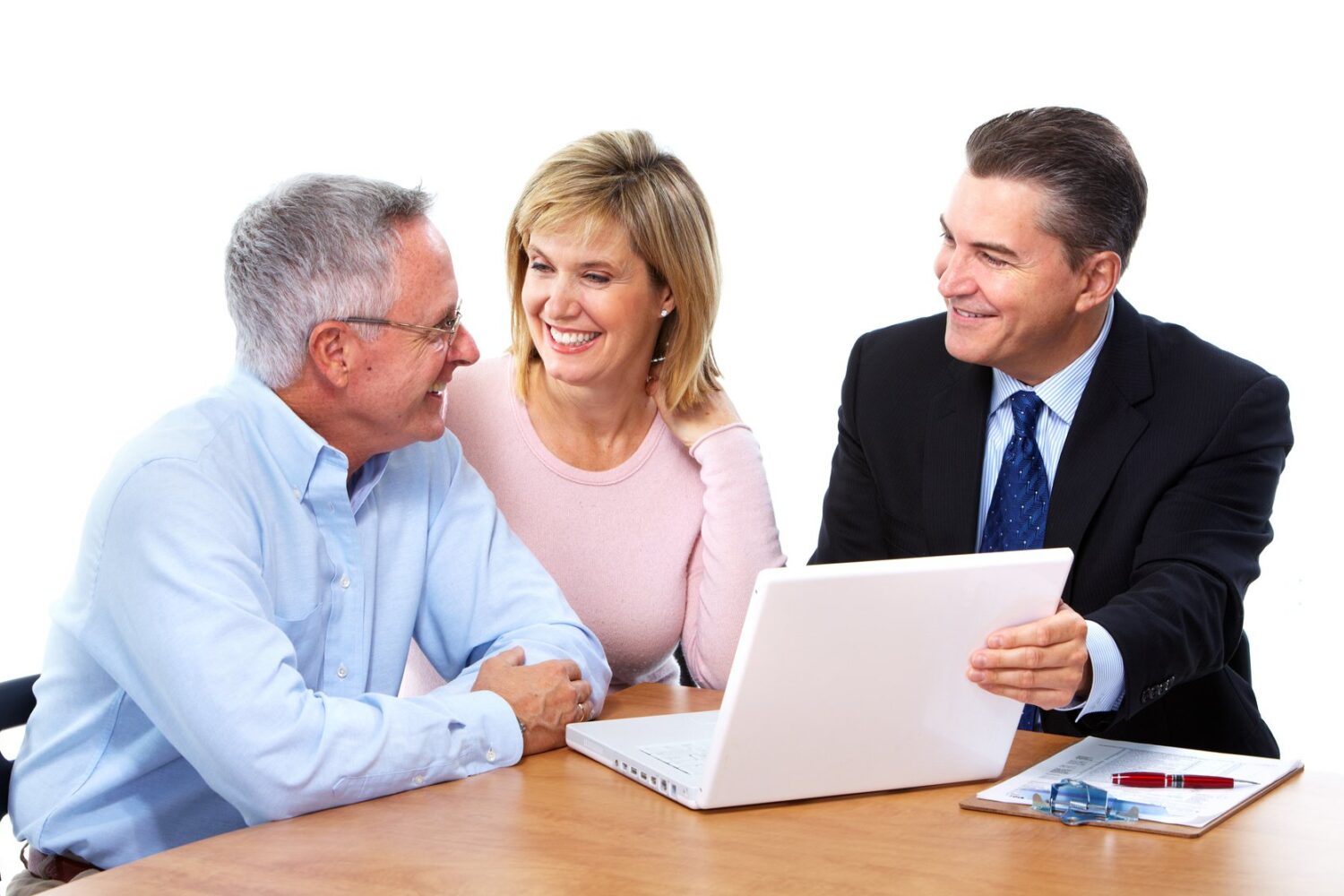 Senior couple with a professional financial adviser. Isolated on white background.