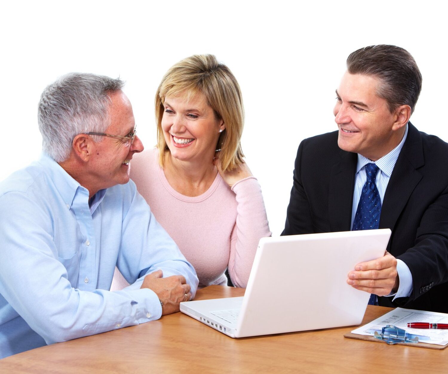 Senior couple with a professional financial adviser. Isolated on white background.